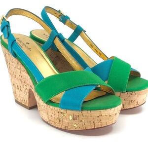 Kate Spade Penny Sandals Cork Wedge Green Blue Platform Color block size 9